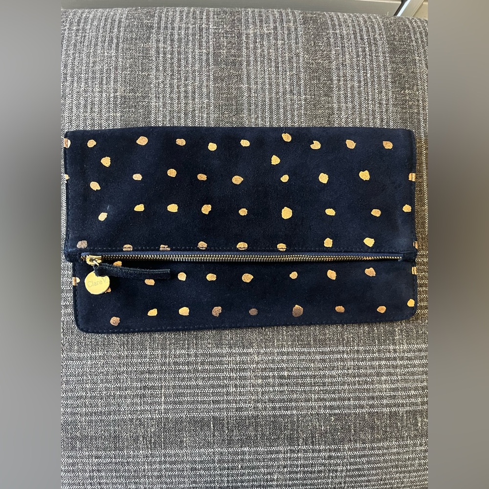 Like new Clare v rose gold metallic dot on navy suede fold over clutch